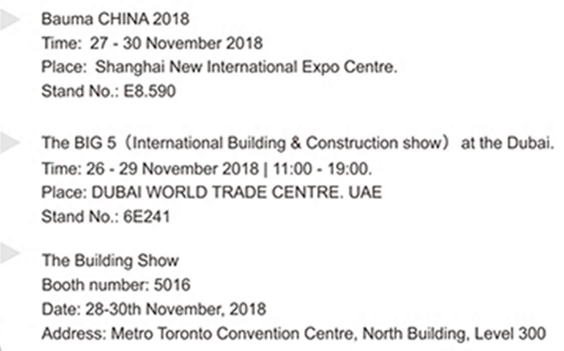 xingyi ने तीन प्रमुख प्रदर्शनियों में भाग लिया china bauma China 2018, big5, बिल्डिंग शो ated नवम्बर में